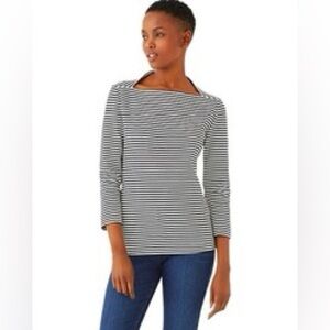 Kate Spade - Saturday Black & White Stripe 3/4 Sleeve Slip Neck Lightweight T SM